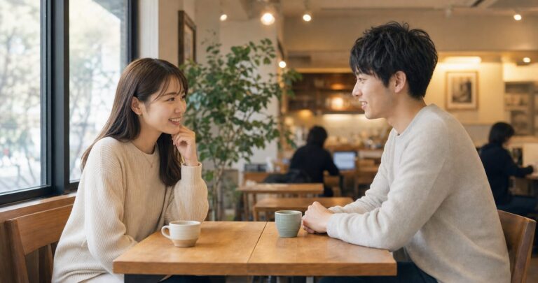 カフェで向かい合って楽しそうに会話する交際前の男女の写真