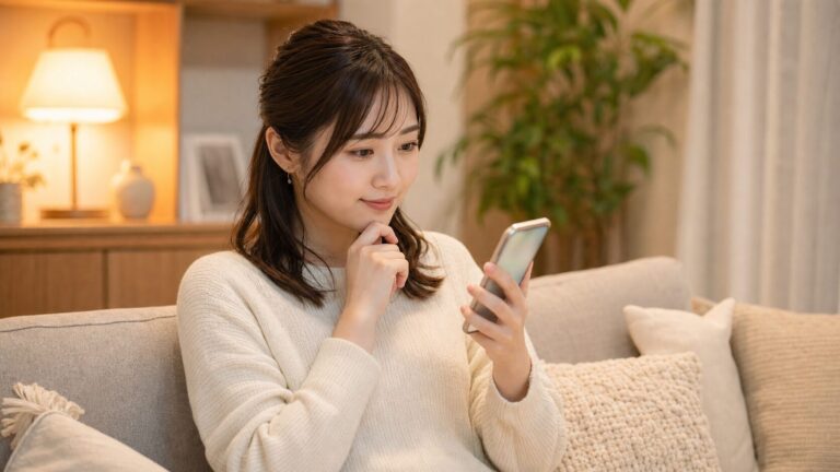 スマホでLINEのやり取りを確認しながら期待と不安が入り混じった表情を見せる女性の写真