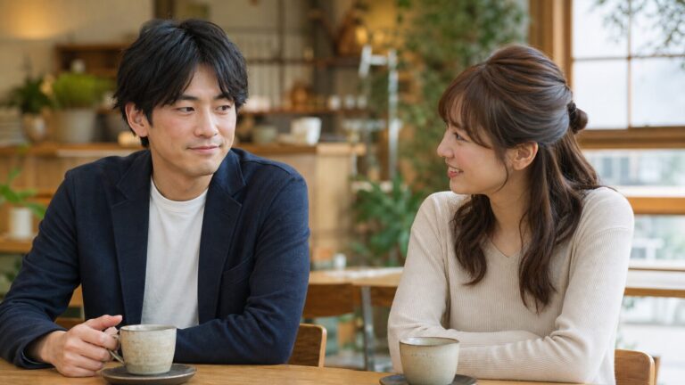 会話中に顔がほんのり赤くなり、照れくさそうに視線をそらす男性の写真