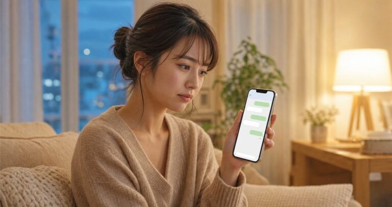 スマホを見ながら少し寂しそうな表情を浮かべる女性の写真