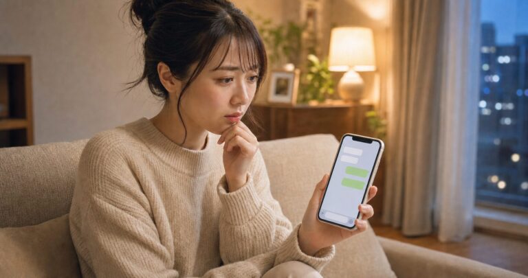 彼氏からの連絡が来ず不安そうにスマホを見つめる女性の写真