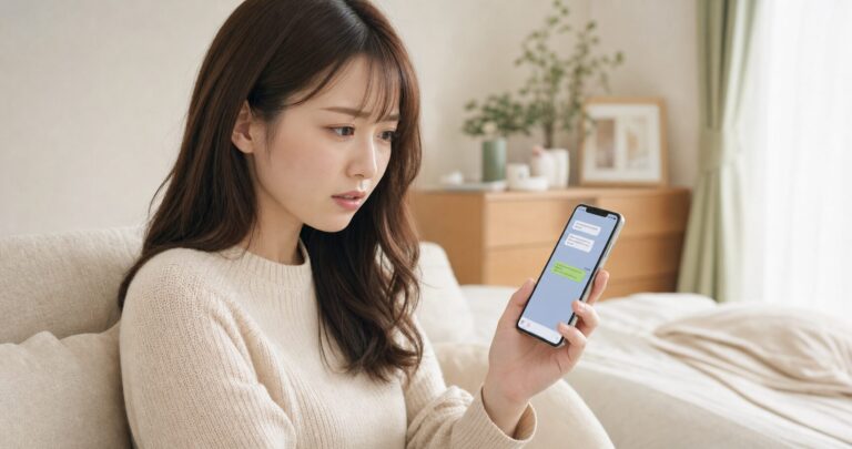 スマホの既読表示を見つめて不安な表情を浮かべる女性の写真