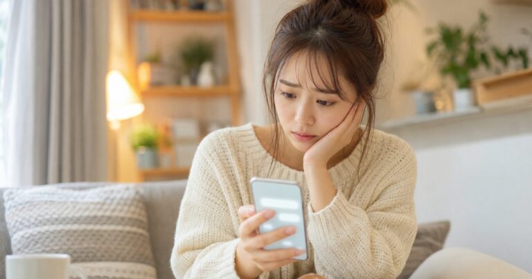 返信が来ないスマホの画面を心配そうに見つめる女性の写真