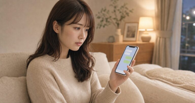未読のままのLINE画面を見つめて不安そうにしている女性の写真