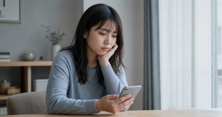 スマホを気にしながら思い詰めた表情で窓の外を見る女性の写真