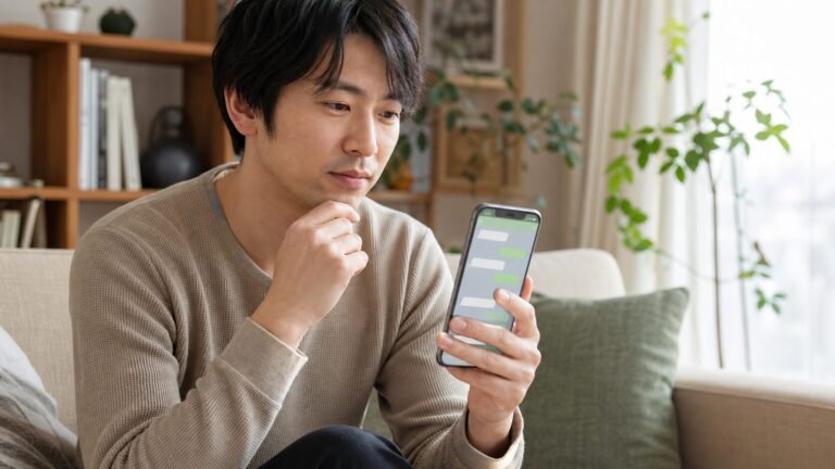 スマホでLINEの頻度を気にしながら考え込む男性の写真