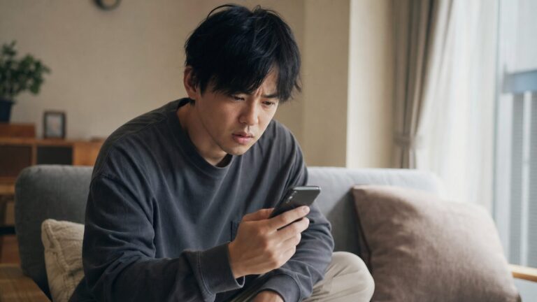 スマホの通知を確認しながら少し不安な表情を浮かべる男性の写真