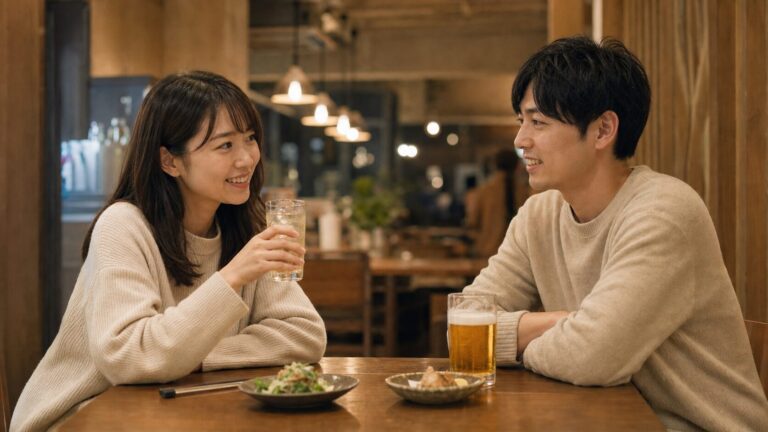 居酒屋で楽しそうに会話する男女二人の写真