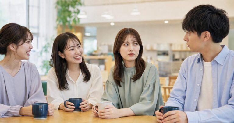 友人には笑顔なのに男性にだけそっけない態度を見せる女性の写真