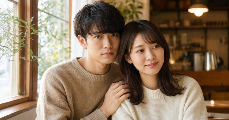 彼女の肩にそっと手を添え、大切そうに見つめる男性の写真