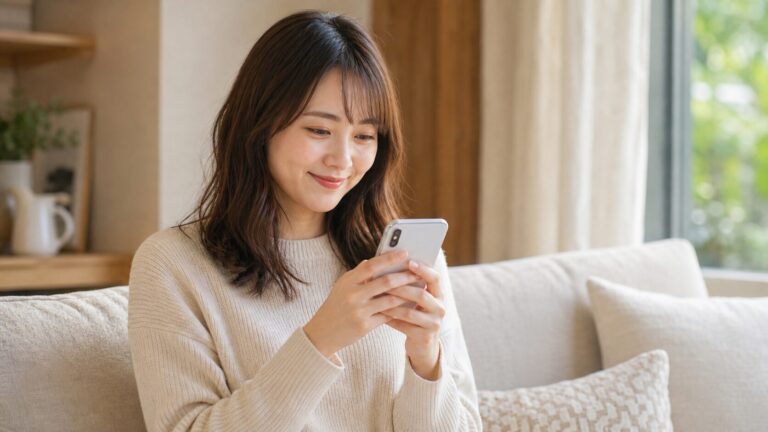 早く会いたいというLINEメッセージを見て嬉しそうにスマホを見る女性の写真