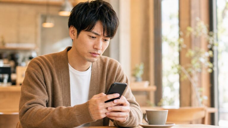 距離を置かれて不安げにスマホを見つめる男性の写真