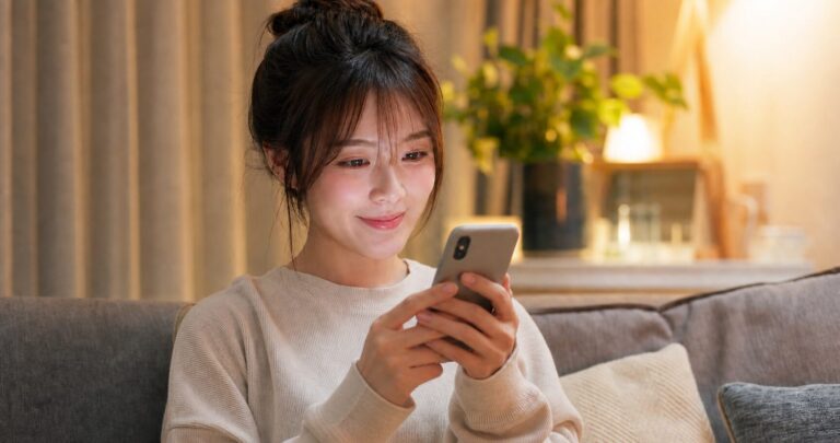 夜、スマホでLINEの文章を考えながら送信するかどうか迷っている女性の写真
