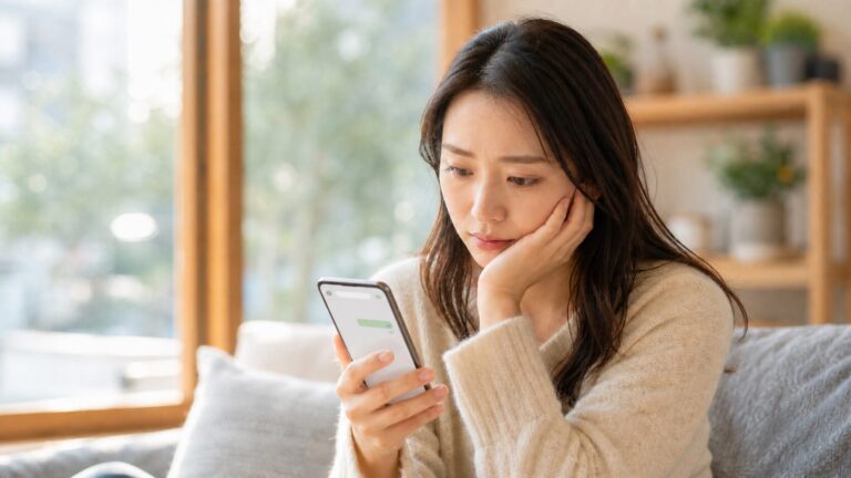 既読のついたLINE画面を見て寂しそうな表情をしている女性の写真