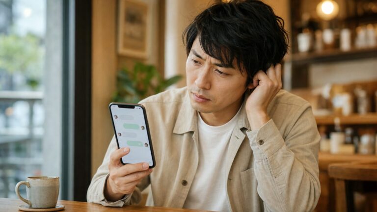 マッチングアプリの返信がないトーク画面を見て考え込む男性の写真