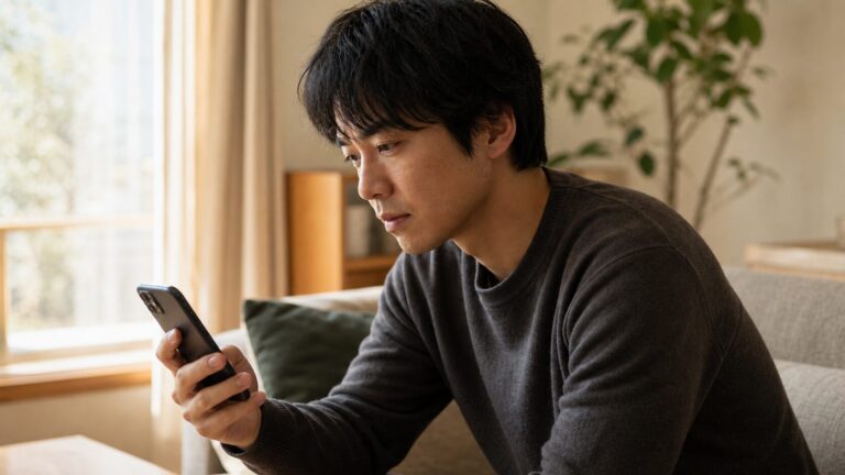 別れた後、スマートフォンの過去のやり取りを一人静かに見返す男性の後ろ姿の写真