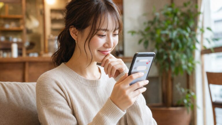 スマホでLINEのハート絵文字を見て嬉しそうにしている女性の写真