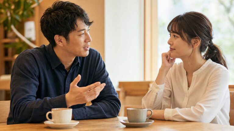 カフェでテーブル越しに自分のことを打ち解けた表情で話す男性と、それを聞く女性の写真