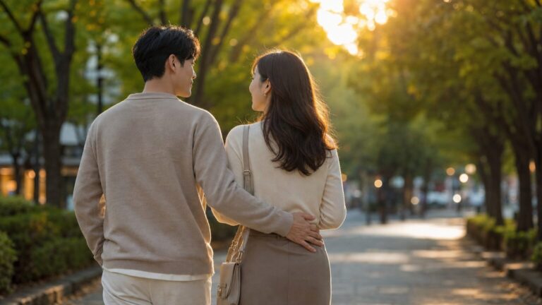 自然な距離感で会話しながら軽く触れ合う男女の後ろ姿の写真