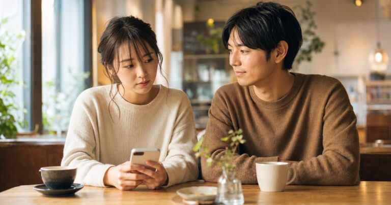 付き合って2ヶ月のカップルがカフェで穏やかに会話する写真