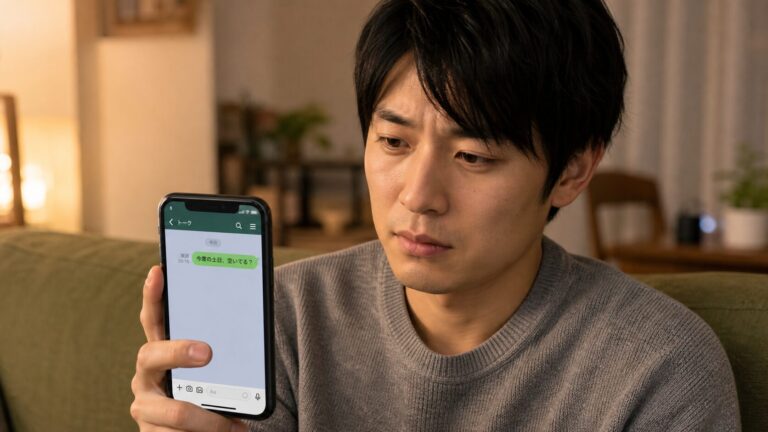 スマホの既読表示を見て不安そうな表情を浮かべる男性の写真