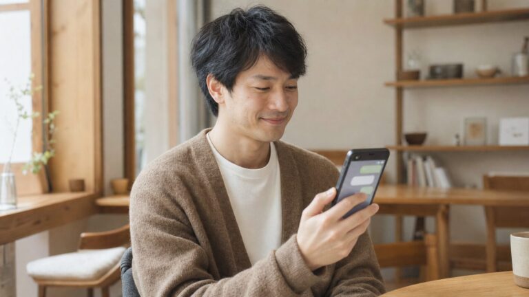 心配そうにスマホでメッセージを送る女性と、それを見て嬉しそうな男性の写真