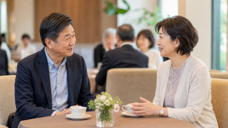 お茶を飲みながら穏やかに会話する60代くらいの男女、婚活パーティー会場をイメージした温かい雰囲気の写真