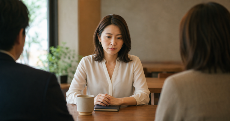 浮気相手との3人での話し合いを前に緊張した表情でテーブルにつく女性の写真