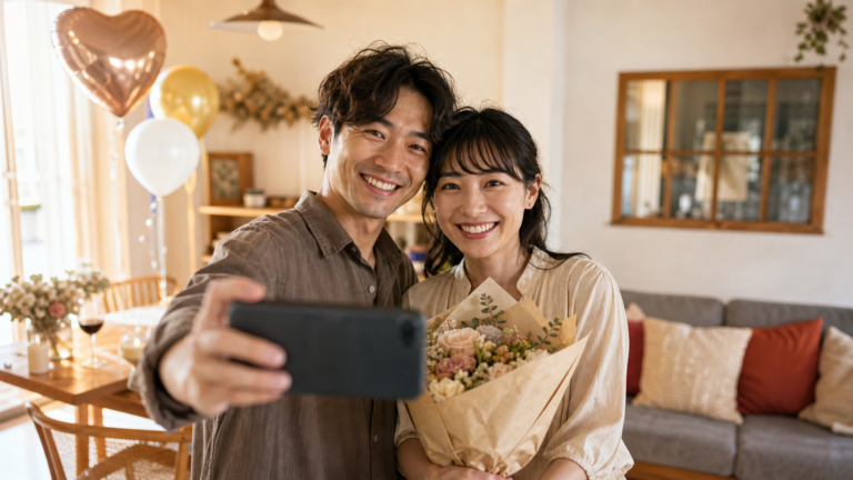 カップルが自宅でバルーンを飾り記念日の写真を仲良く撮っている様子