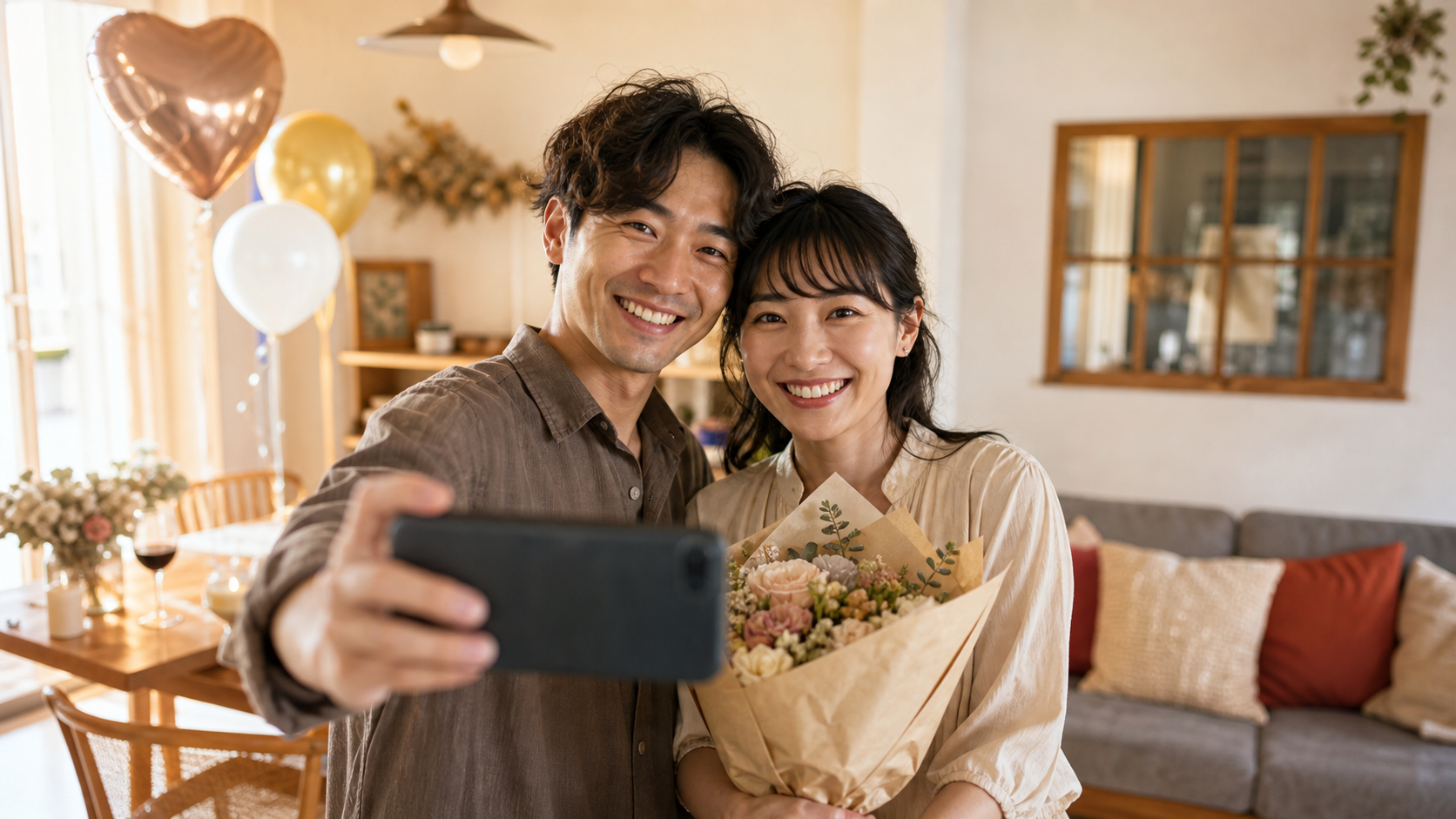 カップルが自宅でバルーンを飾り記念日の写真を仲良く撮っている様子