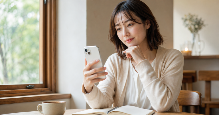 スマートフォンを見ながら恋愛について考え込む女性の写真