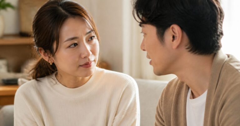 彼氏との会話中にふと視線をそらし、浮かない表情を見せる女性のイメージ写真