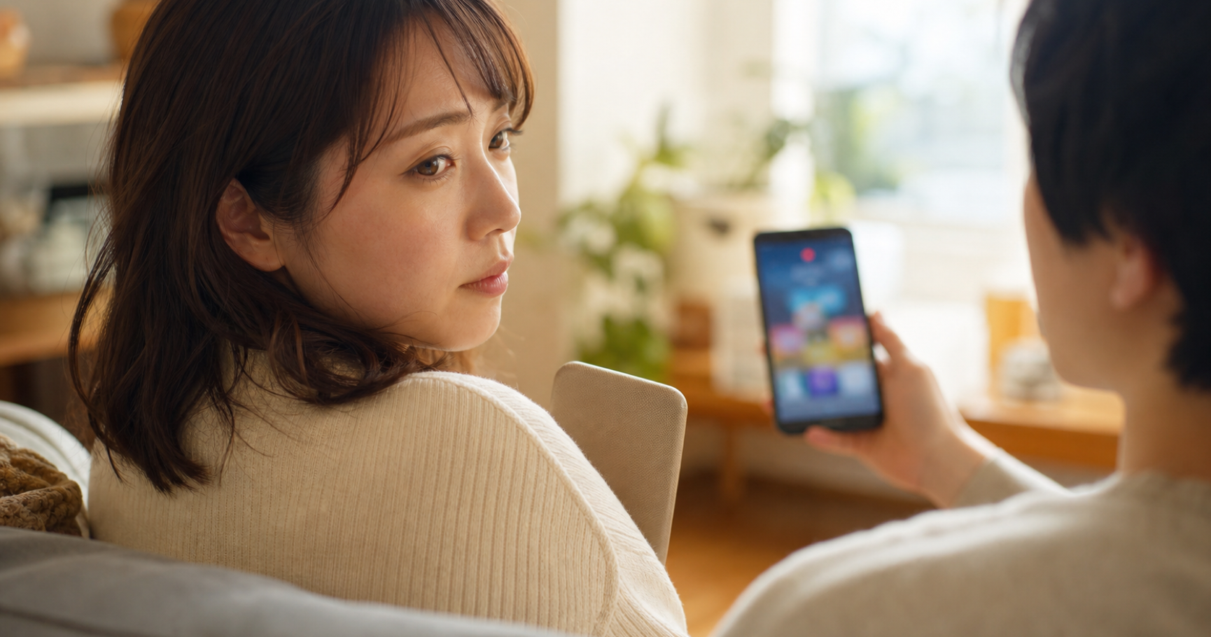 彼氏のスマートフォンに表示されたマッチングアプリの通知をオーバーザショルダーで見つめ、複雑な表情を浮かべる女性