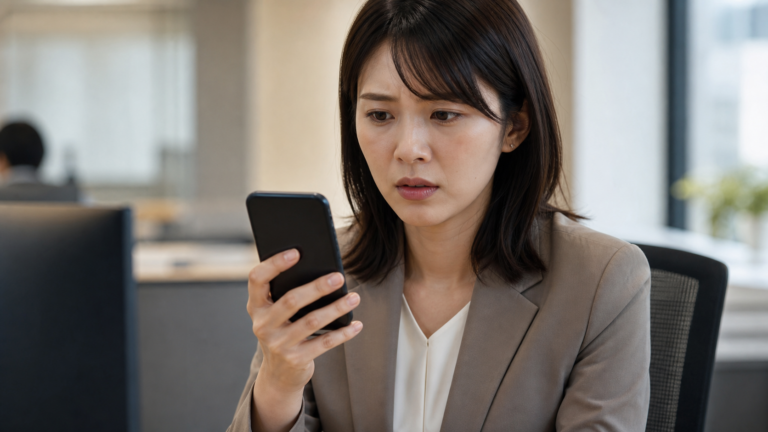 会社のデスクでスマートフォンの通知を見て不安そうな表情をする20代後半の女性の写真