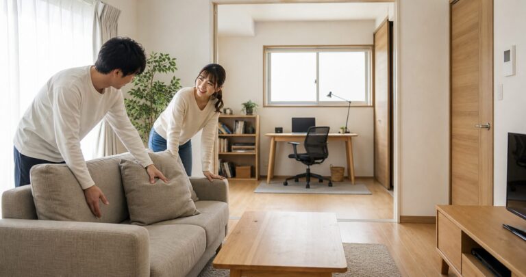 2LDKの部屋で、リビングにソファとテーブルを配置し、もう一部屋を仕事スペースにしている同棲カップルの部屋の写真