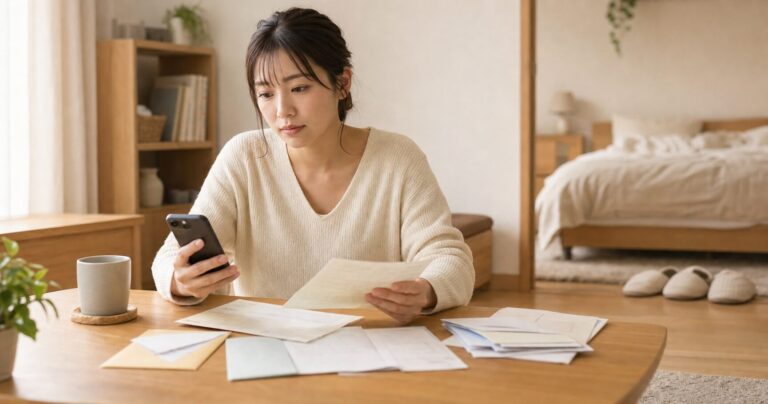 同棲中の部屋で郵便物や住民票関連の書類を手に、会社への届け出について考え込む女性の写真
