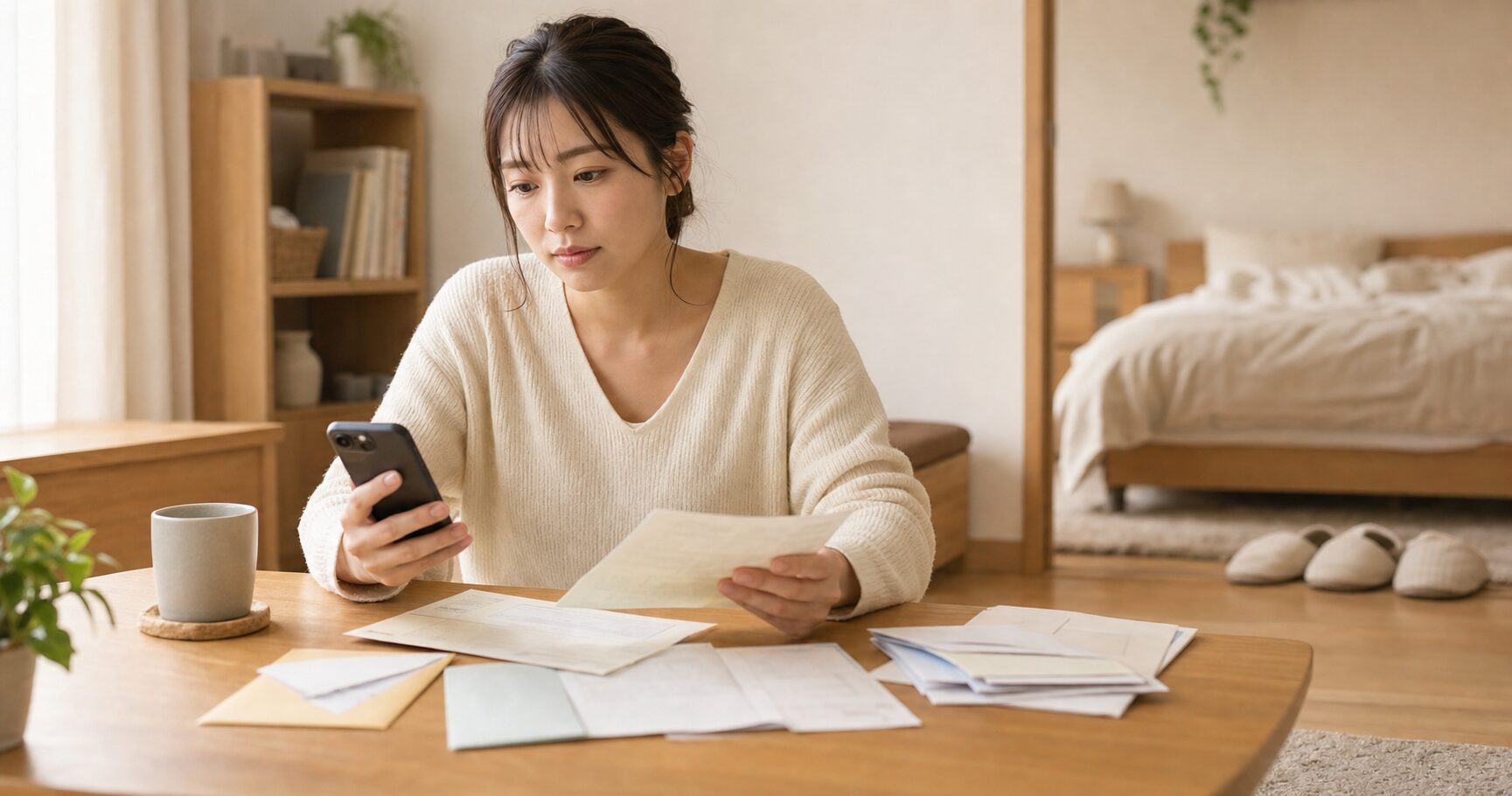 同棲中の部屋で郵便物や住民票関連の書類を手に、会社への届け出について考え込む女性の写真