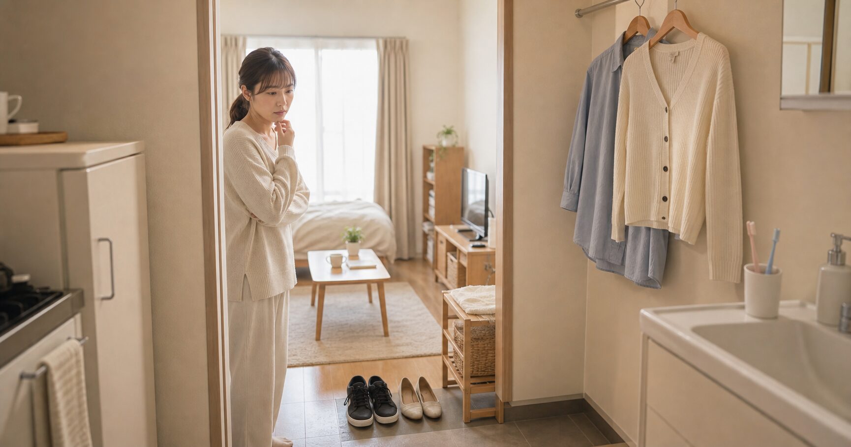 一人暮らし用のワンルームに二人分の荷物が並び、同棲がバレないか気にしている様子を表したイラスト