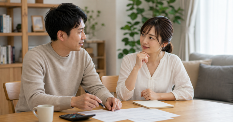 リビングで書類を前にお金について話し合うカップルの写真