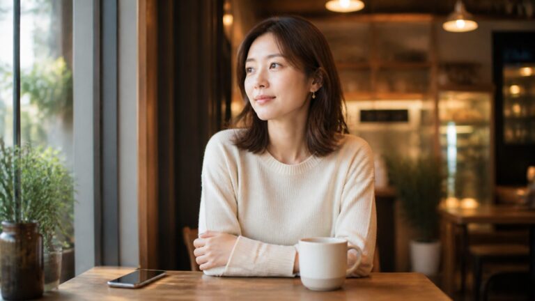 スマホを置いて自分の時間を大切にしている、凛とした表情の女性の写真