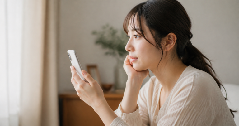 スマートフォンを見つめながら考え込む女性の横顔、元彼からの連絡が来る前兆を気にしている様子