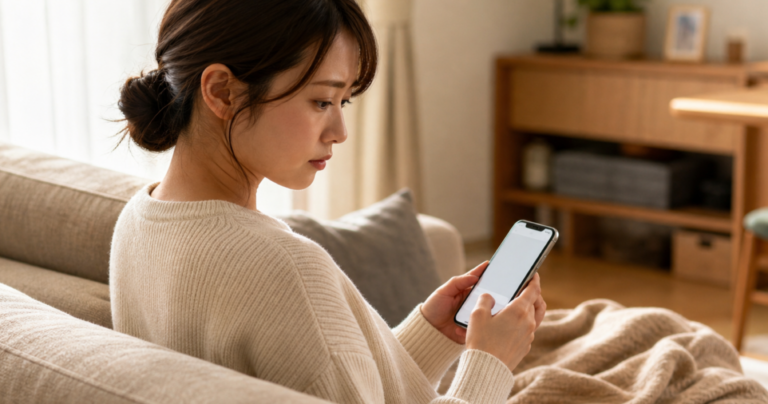 喧嘩をして落ち込みながらスマートフォンを持ち、連絡を送るか迷っている女性の様子