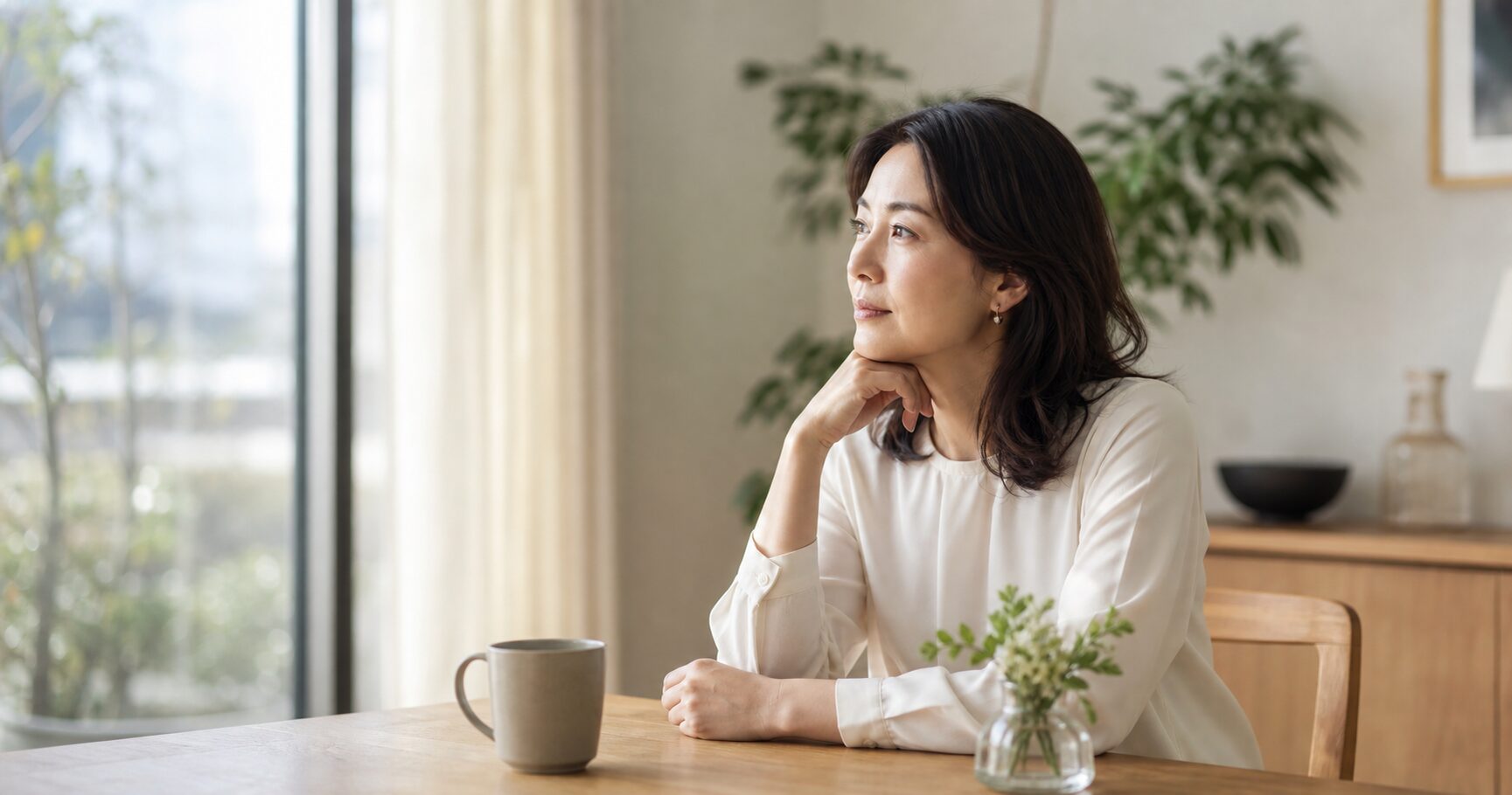 夫の浮気に冷静に向き合おうとしている様子で、窓辺で一人考え込む女性の写真