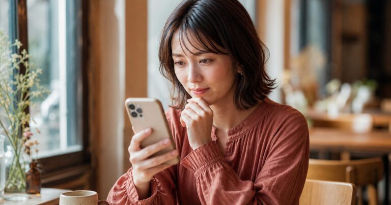 「機会があれば」と言われて曖昧な表情を浮かべながらスマートフォンの画面を見つめる女性の写真