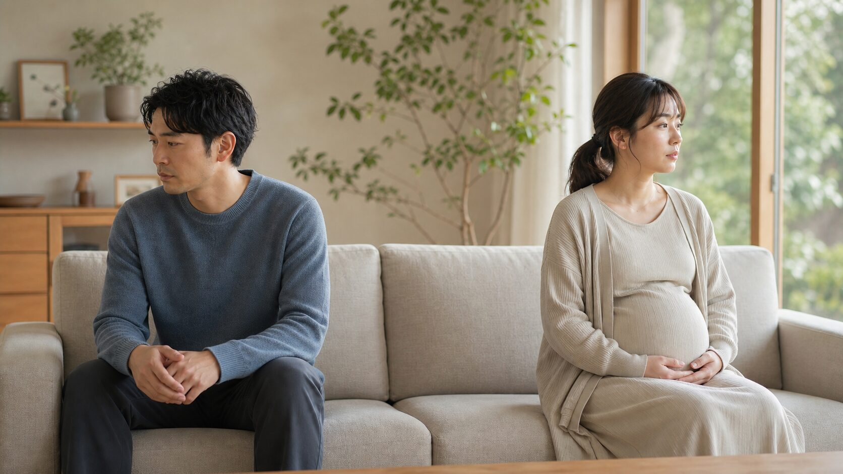 妊娠中の夫婦がそれぞれ違う方向を見て静かに座っている、落ち着いた色調の写真