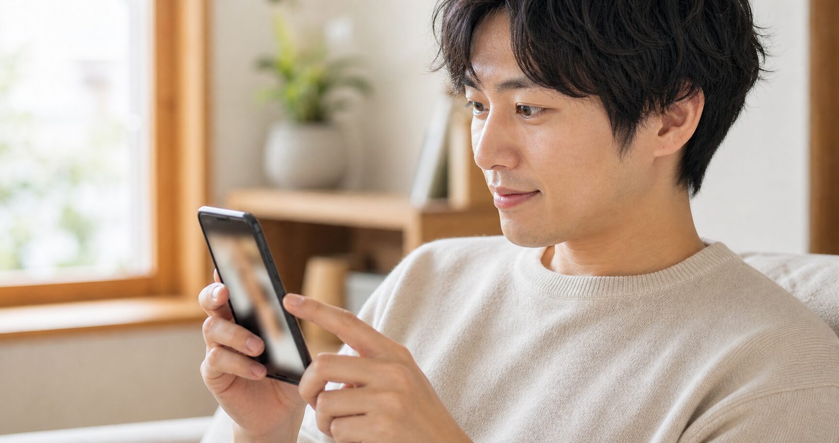 スマホでインスタのストーリーを見つめる男性の横顔