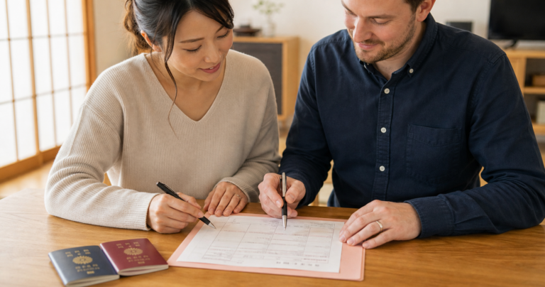 国際結婚の婚姻届と必要書類を、パートナーと一緒にテーブルで確認しているシーン