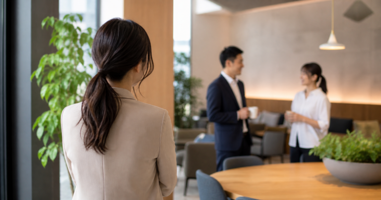 同僚と楽しそうに話す男性を少し離れた場所から気にする女性の後ろ姿