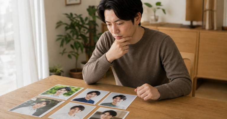 婚活プロフィール写真をスマートフォンで見返しながら首をかしげる人物の写真