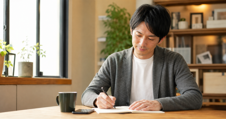 婚活プロフィールの自己紹介文を考えながらノートに書き込む男性